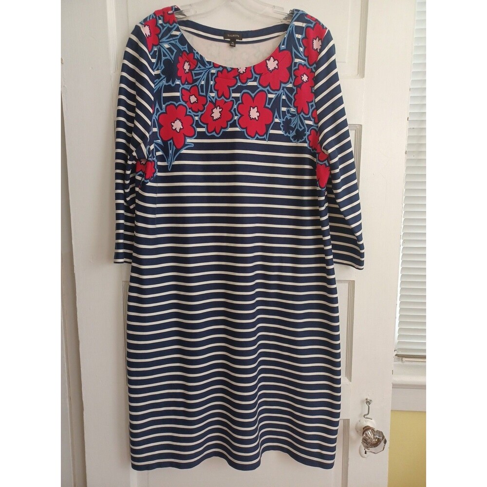 Talbots navy white striped knit dress with flowers XL 3/4 sl. modern classic